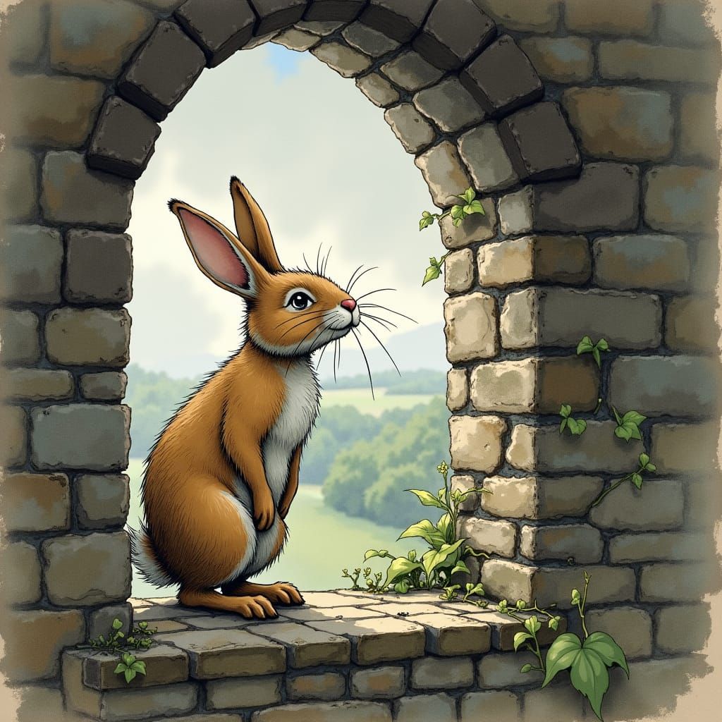 Rabbit in Medieval Tower, Vintage Illustration Style