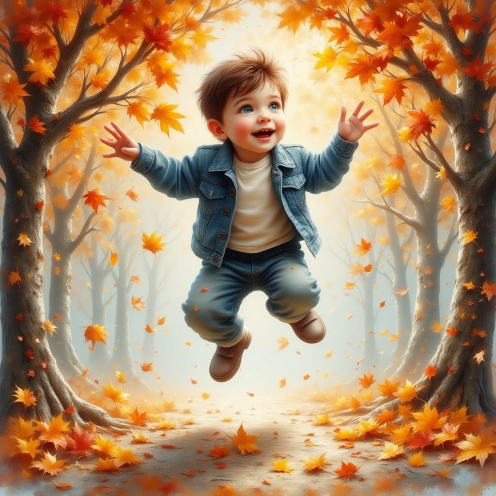 Whimsical Autumn Boy Soars in Dreamy Enchantment