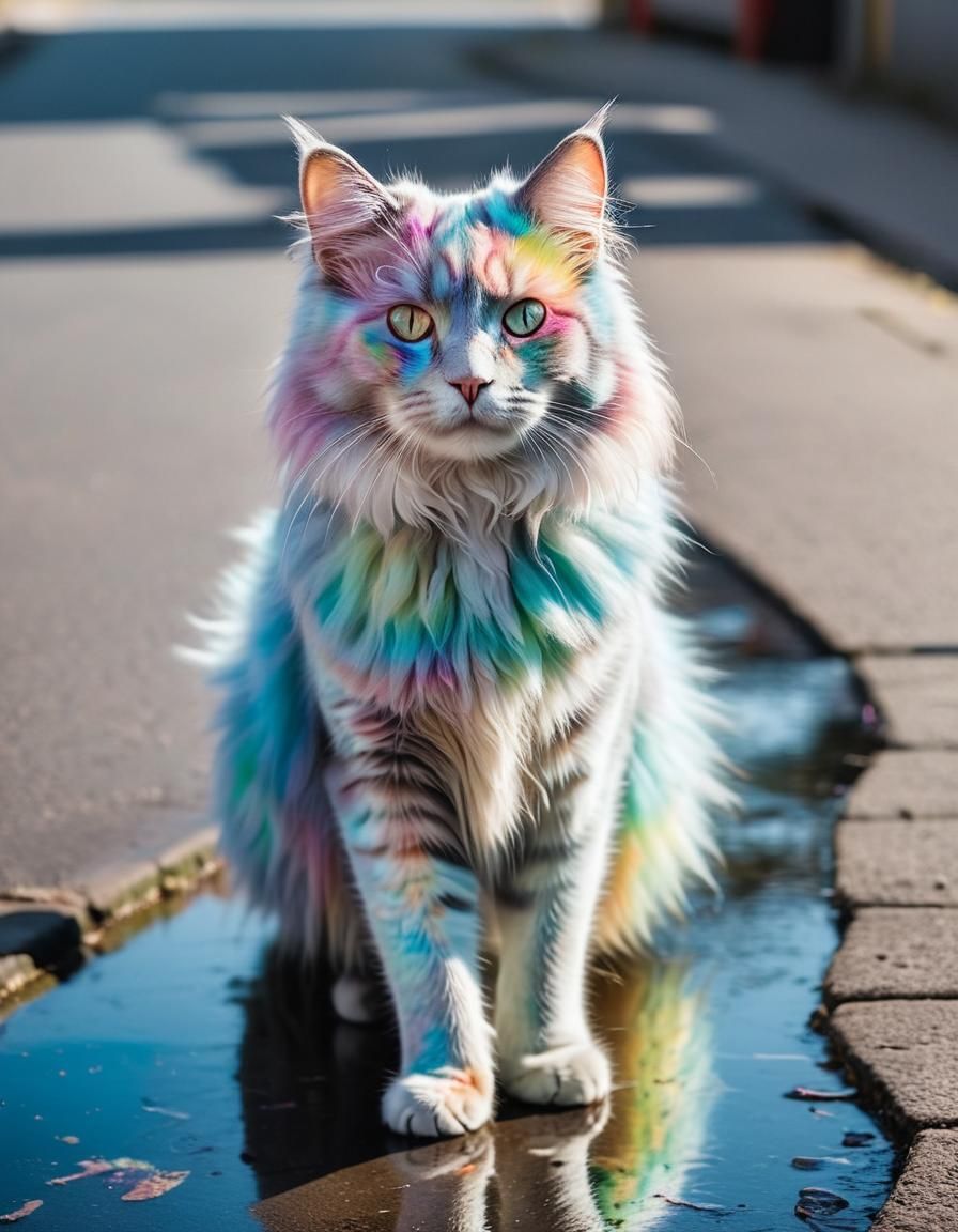Iridescent Fluffy Cat in Rainbow Sunlight