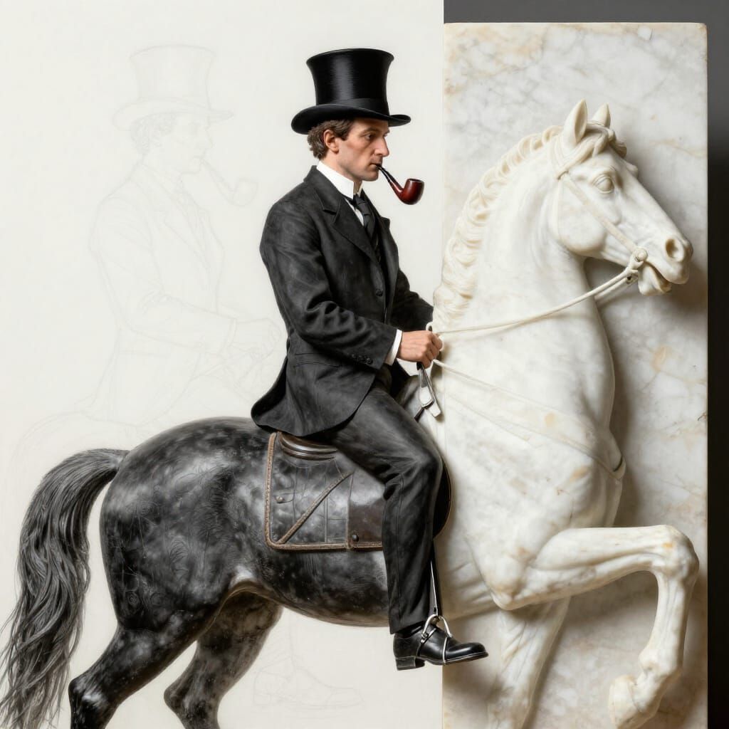 Man on Black Horse: Sketch Meets Marble