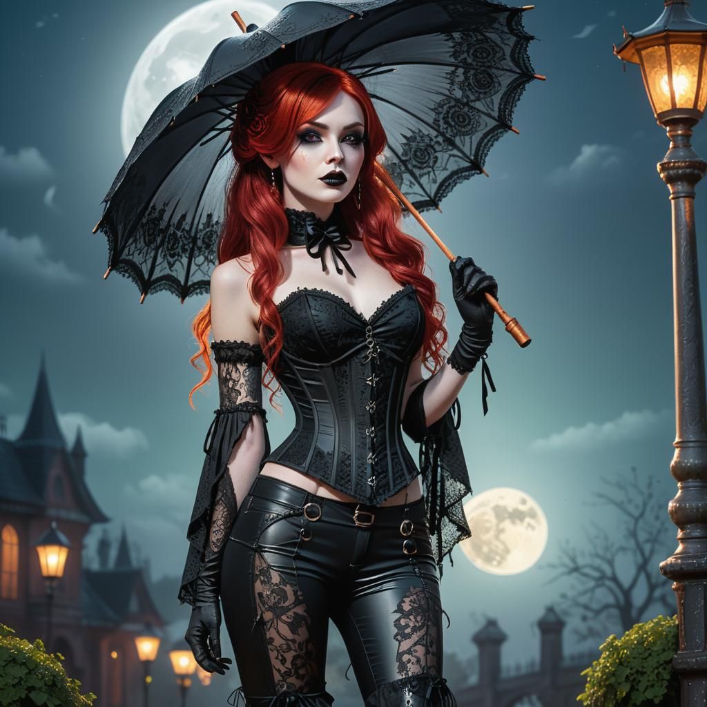 Redhead Goth Girl with Parasol in Moonlight