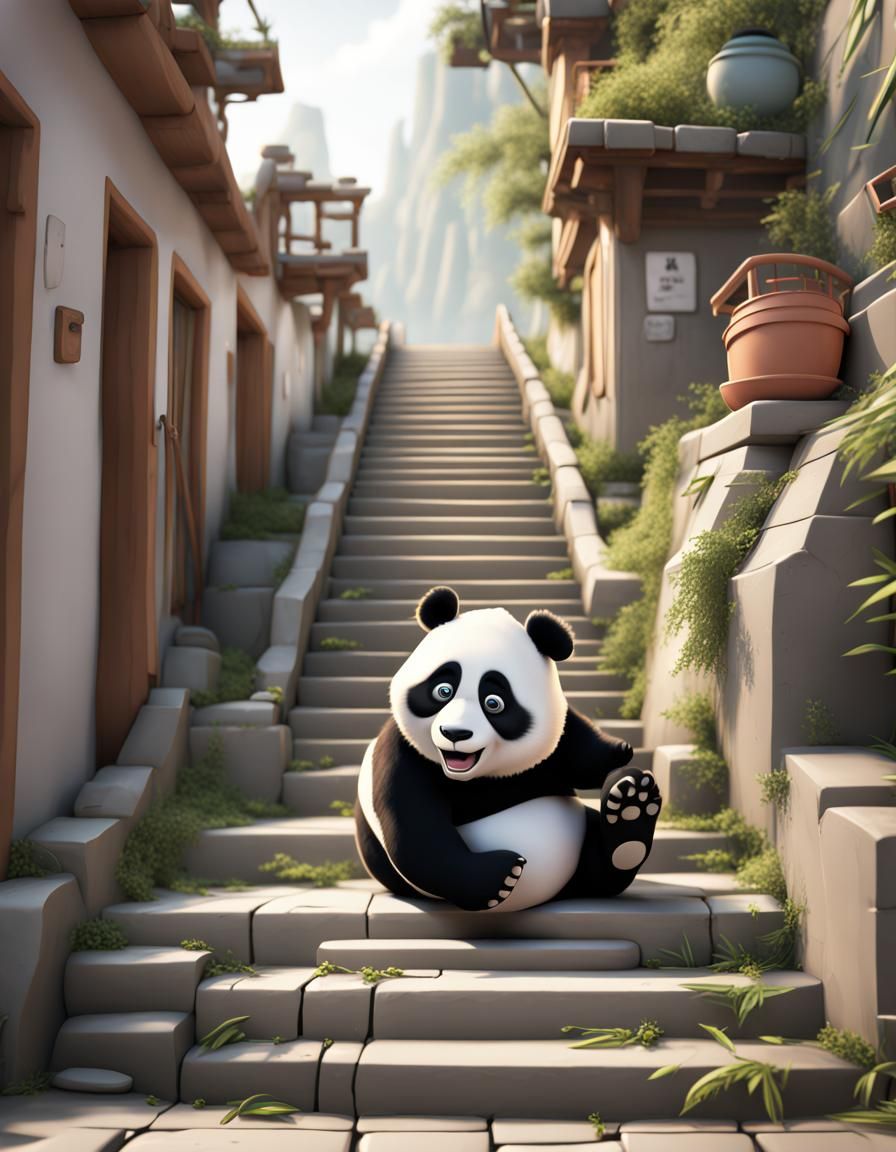 Cartoon Panda's Stairway Tumble: CGI Matte Painting