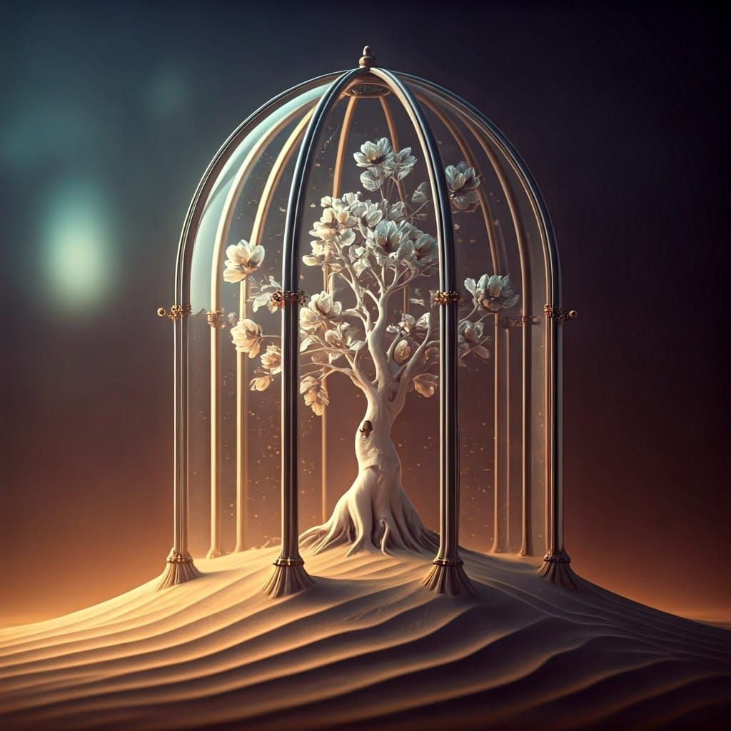 Futuristic Mechanical Tree in Glass Cage: Matte Painting