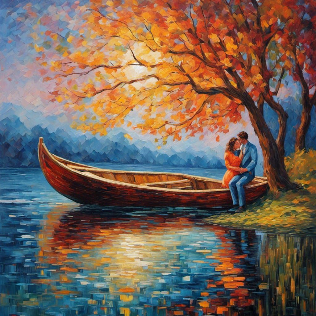 Romantic Lakeside Embrace: Neo-Impressionist Oil Painting