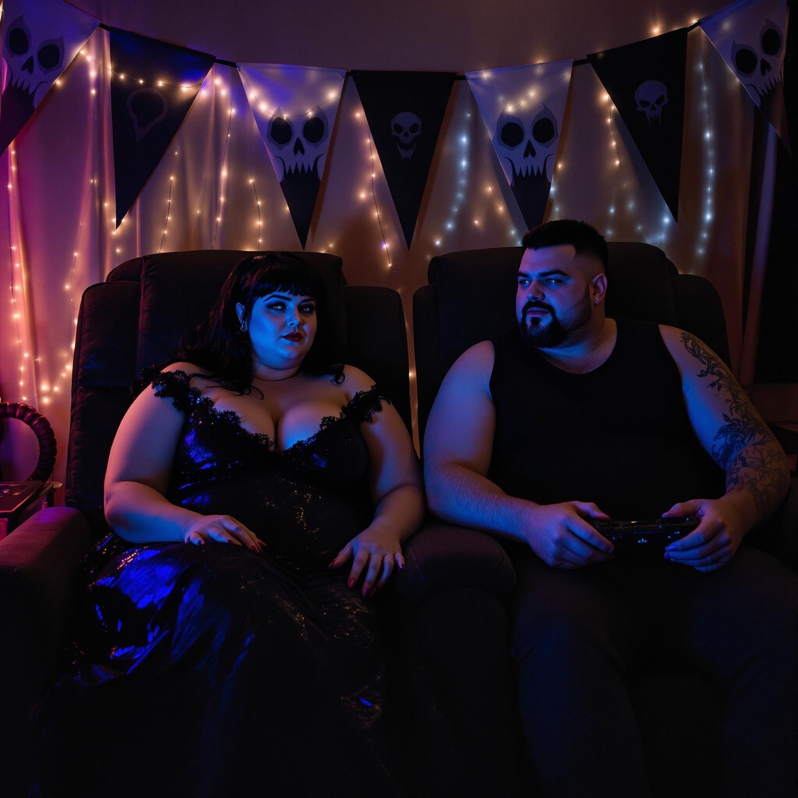 Goth Couple Gaming in Neon-Lit Room