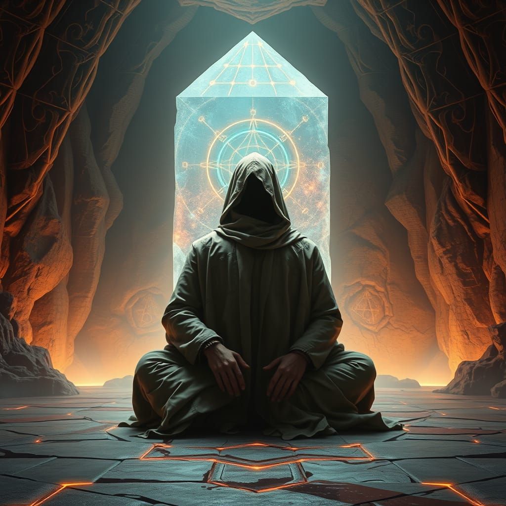 Figure Deciphers Ancient Glyphs in Cyberpunk Chamber