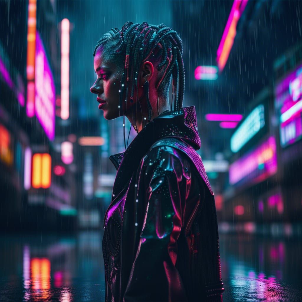 Cyberpunk Woman in Rainy Neon City
