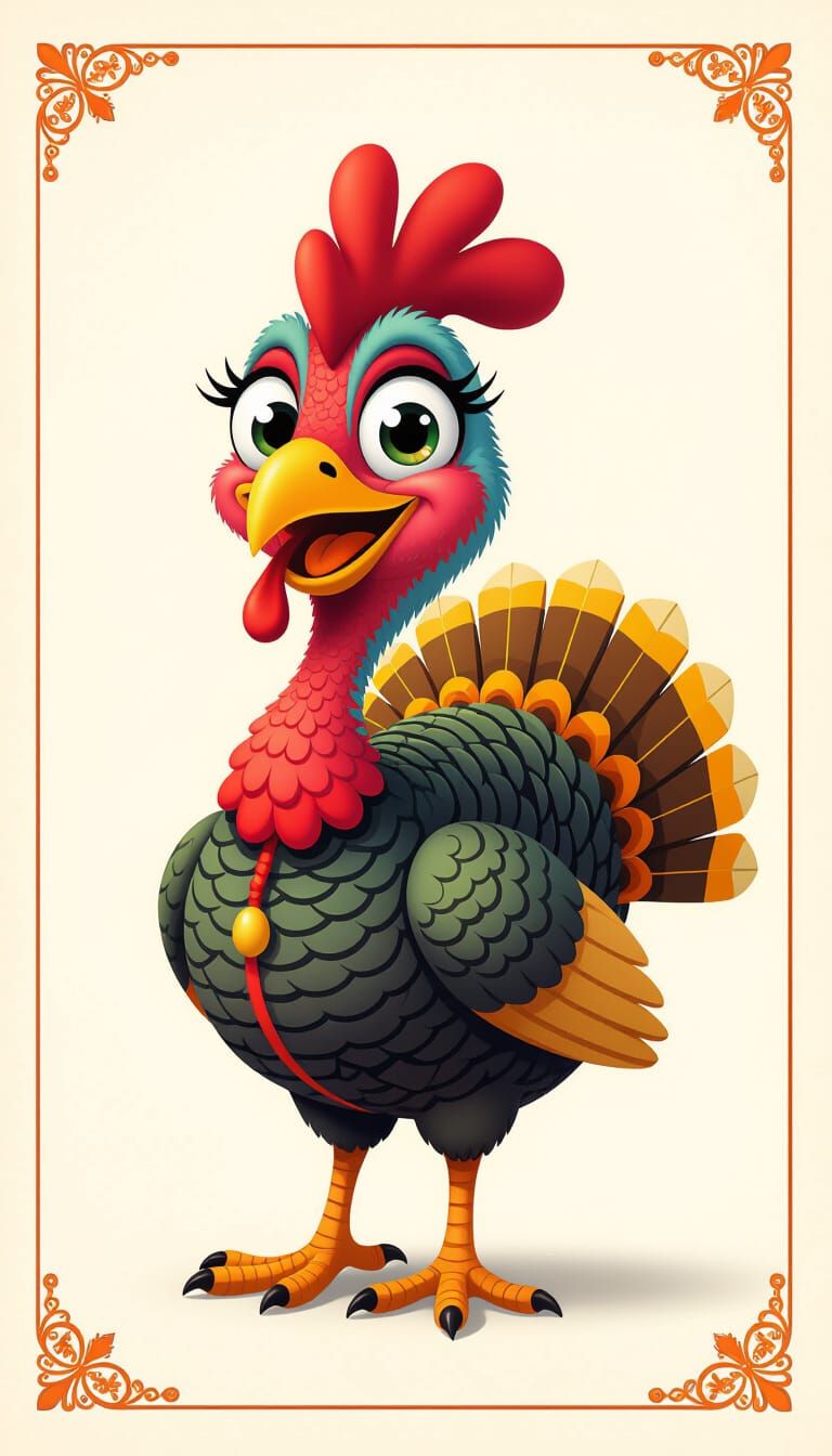 Festive Cartoon Turkey with Big Eyes and Bold Tail