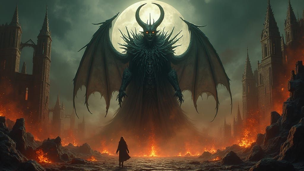 Dark, Twisted Figure in Ruined Gothic Metropolis