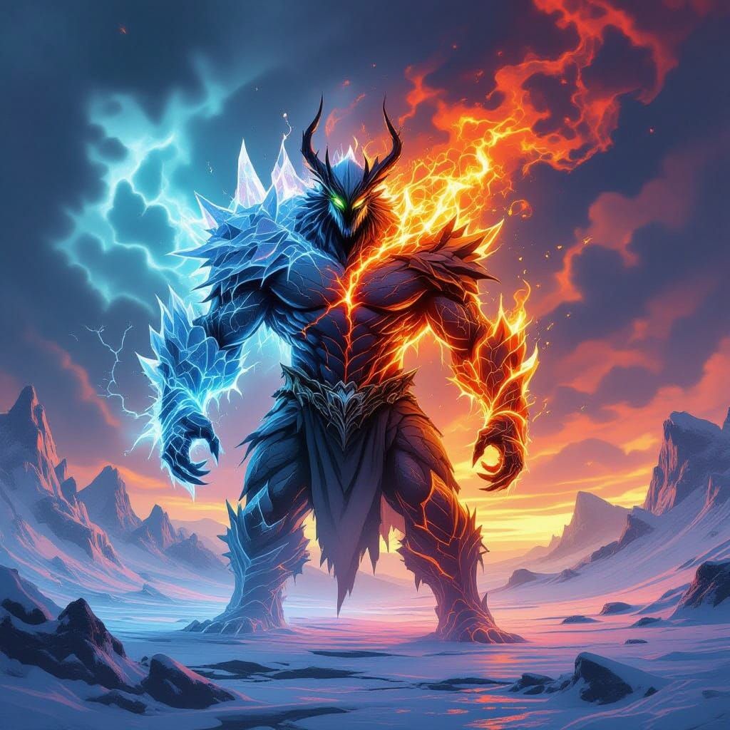 Epic Ice and Fire Elemental Creature in Fantasy Art