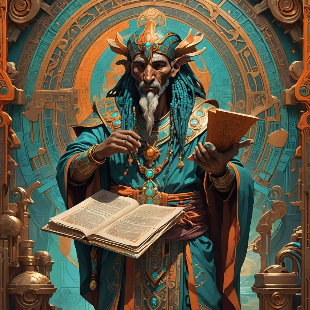 Mystical Thoth Holding Scrolls in Art Nouveau Style