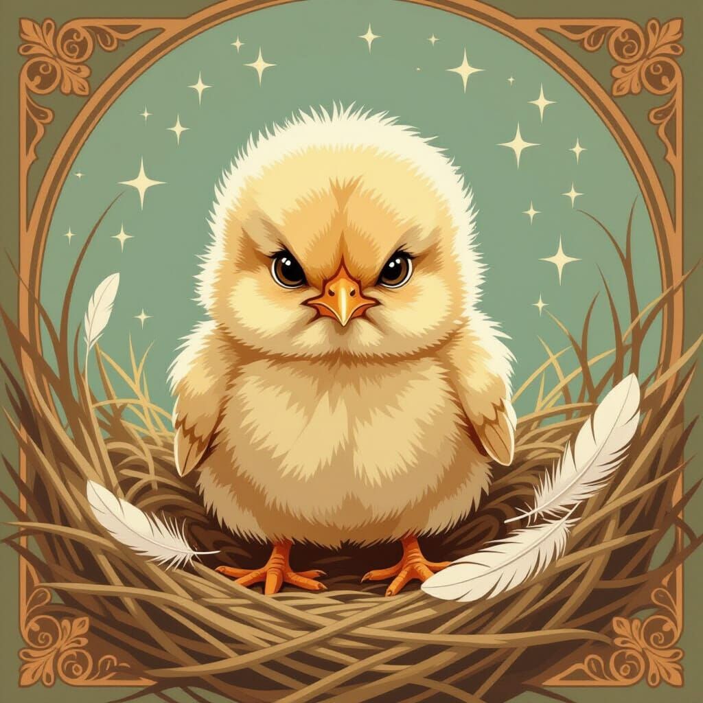 Confrontational Chick in Art Nouveau Style Nest