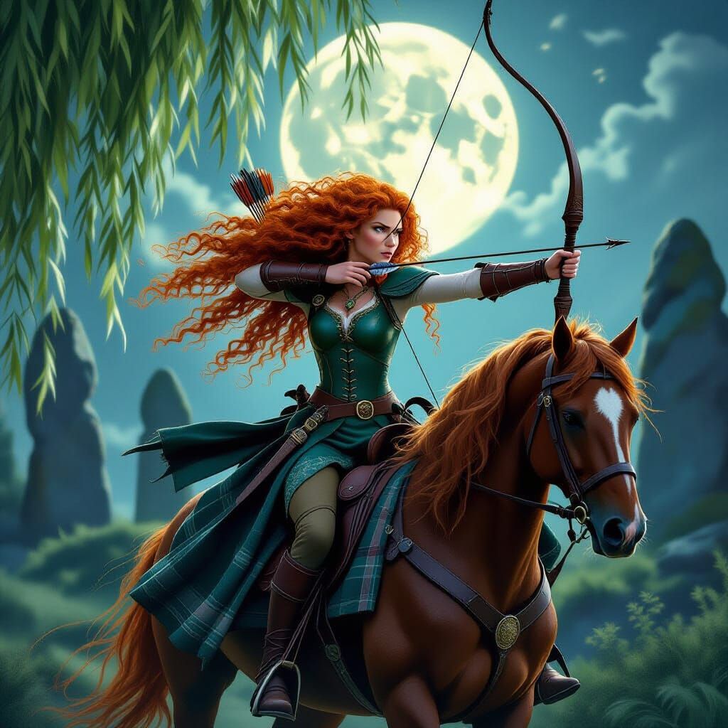 Merida Riding Horse Under Moonlight in Cinematic Style