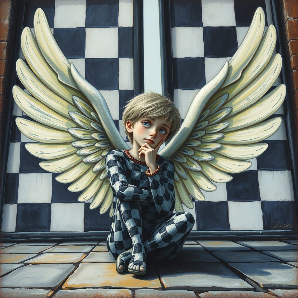 Surreal Angel Contemplates Life in a Whimsical Checkered Wor...