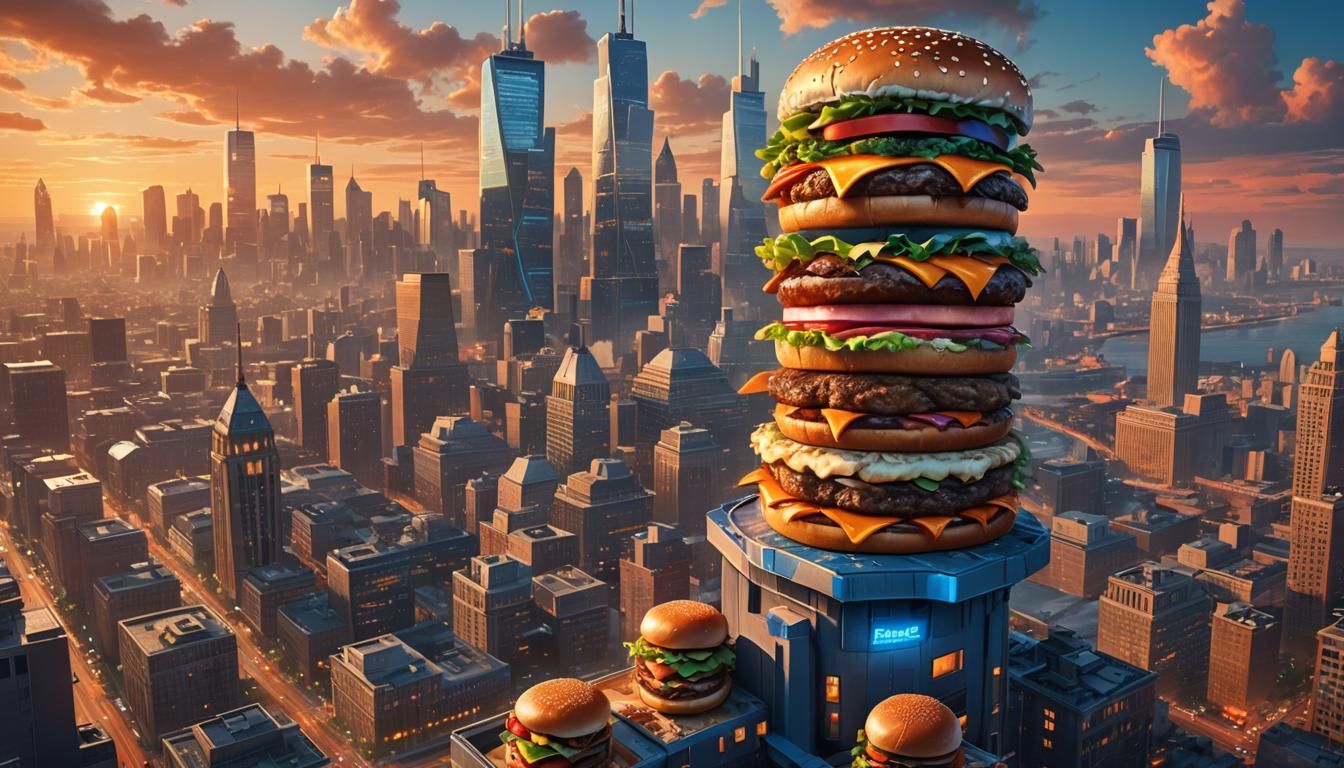 Giant Hamburgers Towering Over City at Sunset