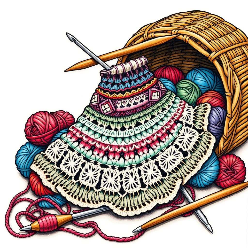 Vibrant Crochet Tattoo Design with Folk Art Flair