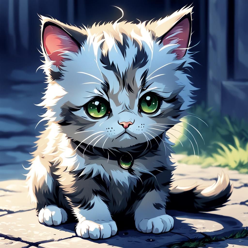 Sad Kitten in Anime Key Visual Style