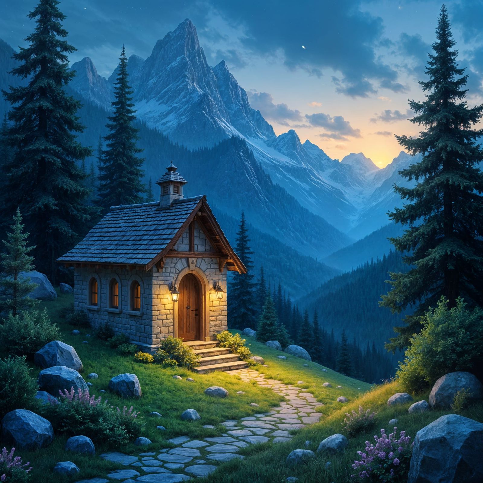 Starlit Chapel in Mountain Glade Fantasy Scene