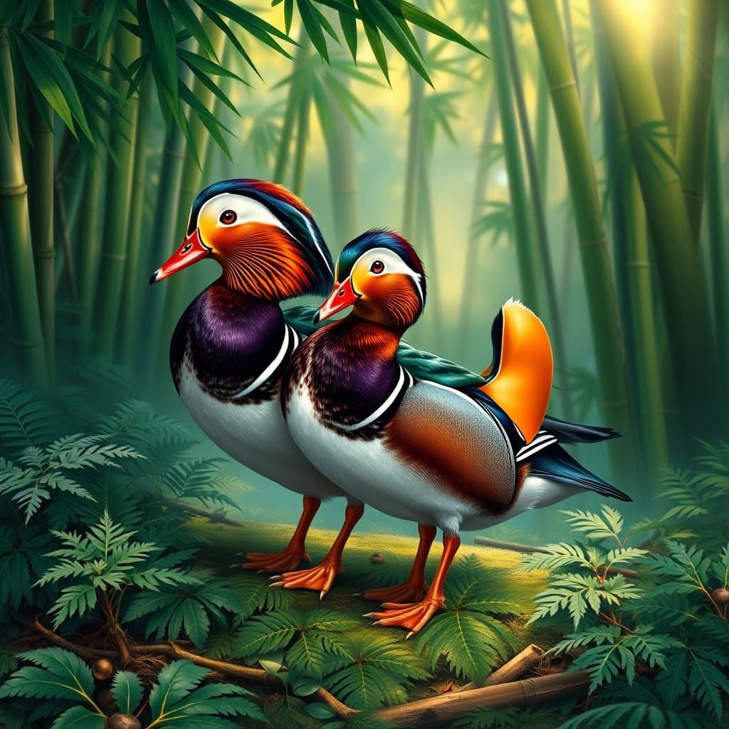 Mandarin Duck Couple in Serene Forest Setting