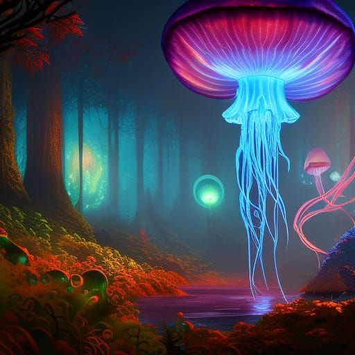 Glowing Jellyfish in Golden Forest: Fantasy Concept Art