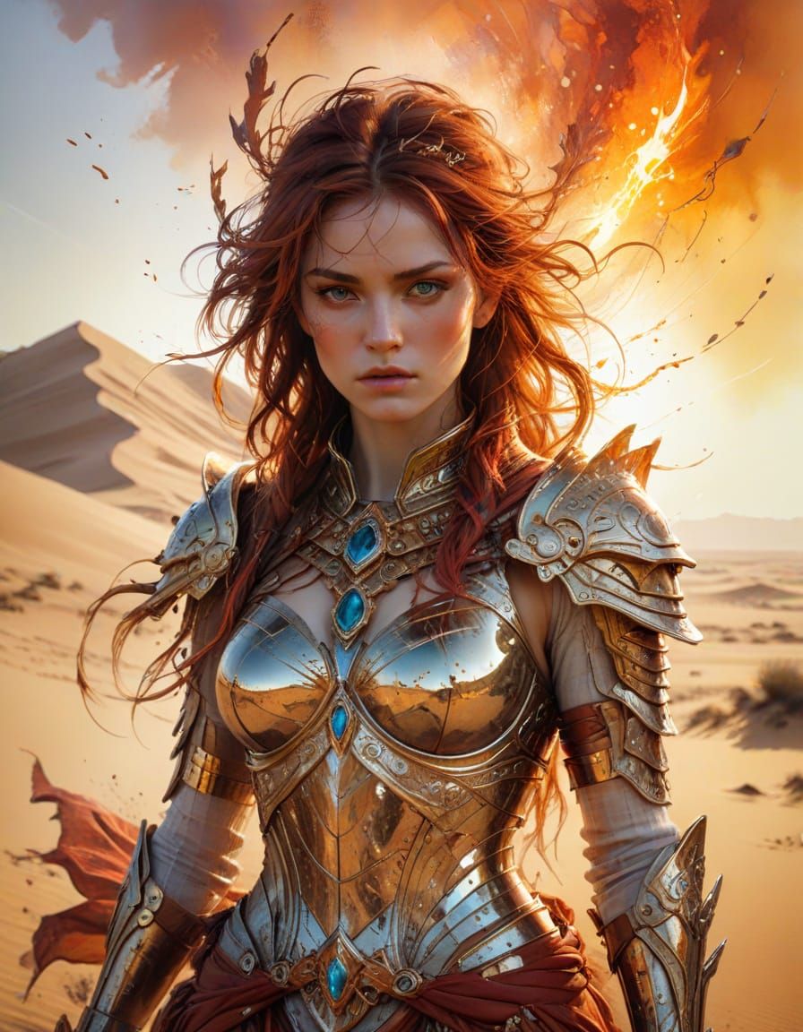 Desert Warrior Queen in Golden Dunes, Watercolour Art