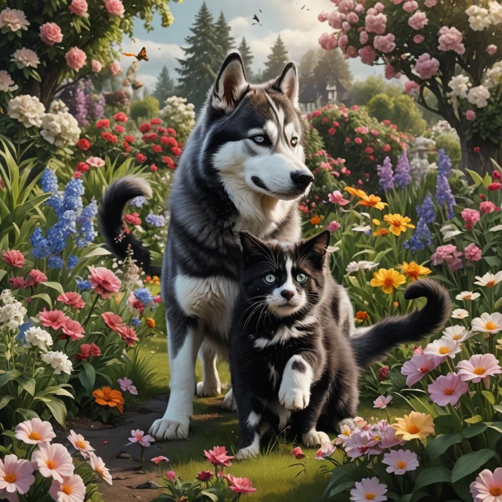 Husky and Maine Coon Play in Blooming Garden