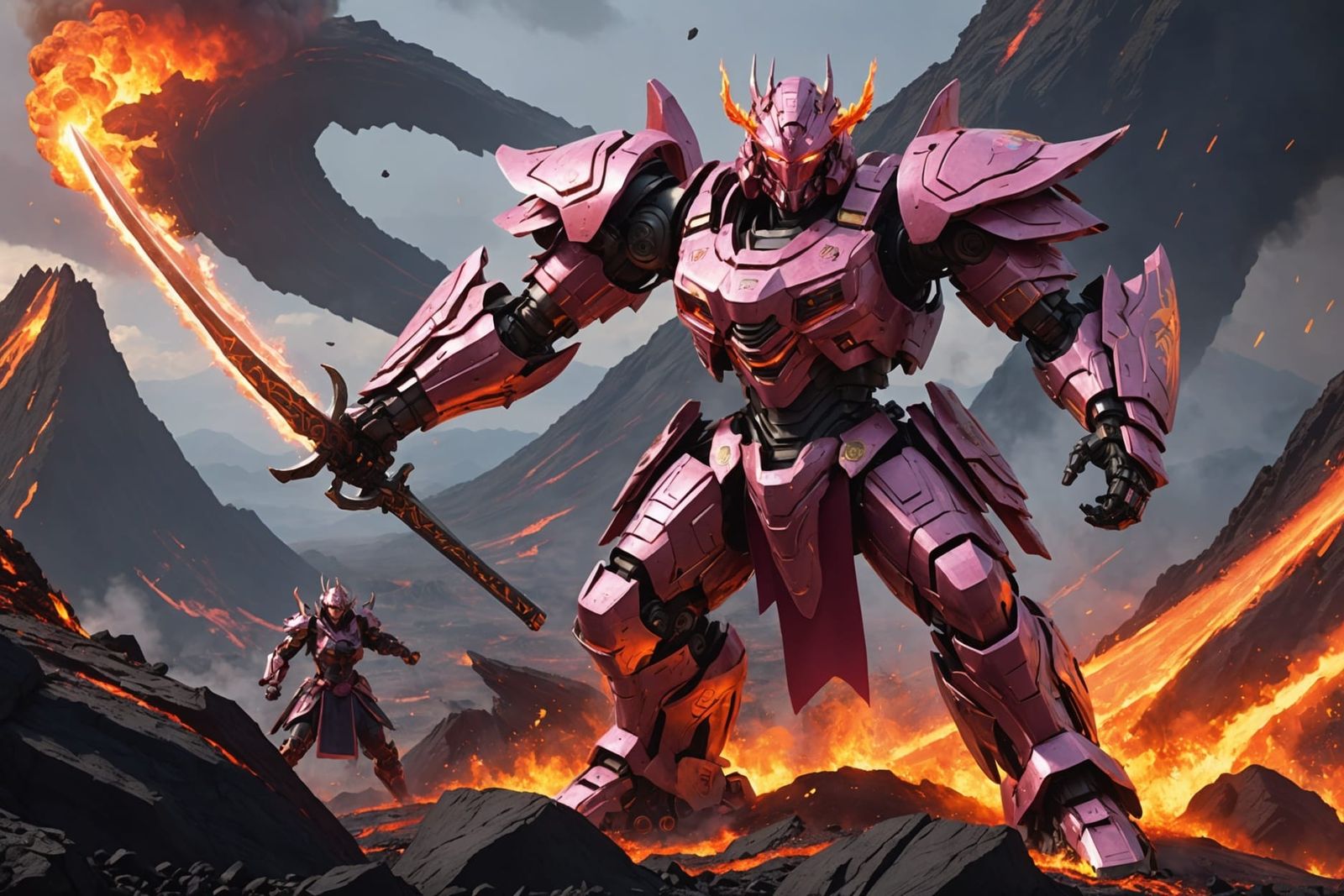 Pink Samurai Battles Robot on Erupting Volcano