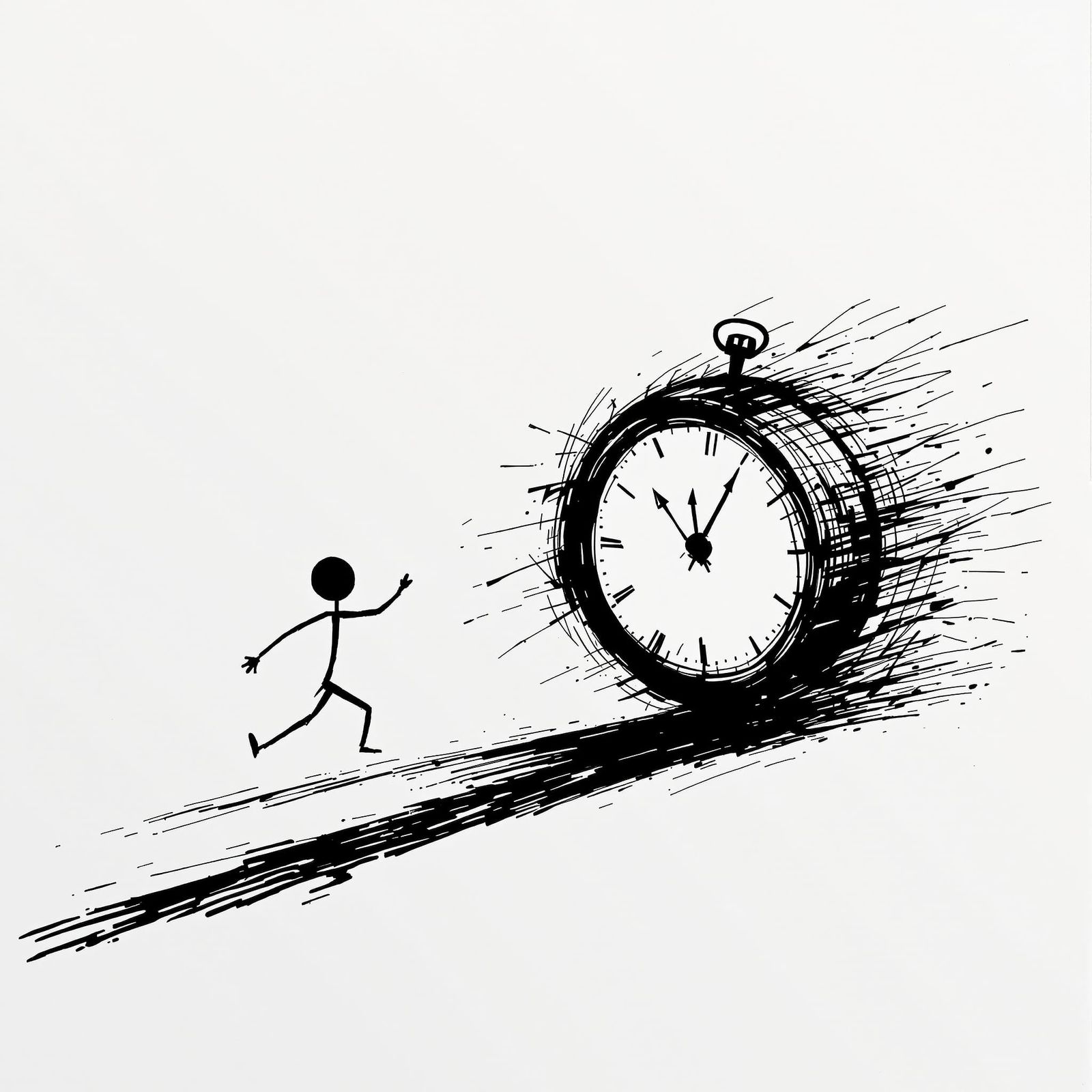Monochromatic Ink Drawing of Man Chasing Rolling Clock