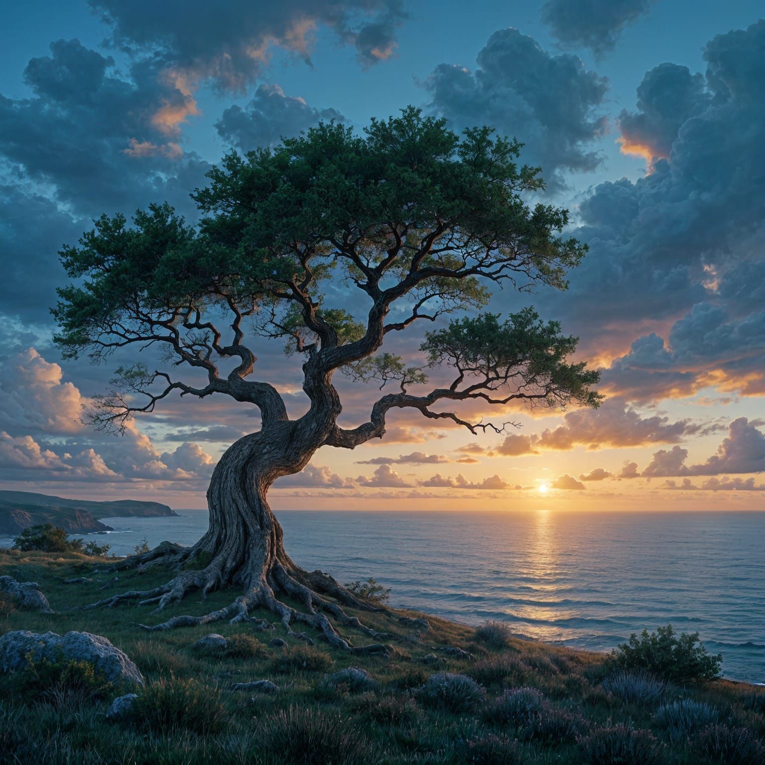 Ancient Oak Tree Overlooking Twilight Ocean