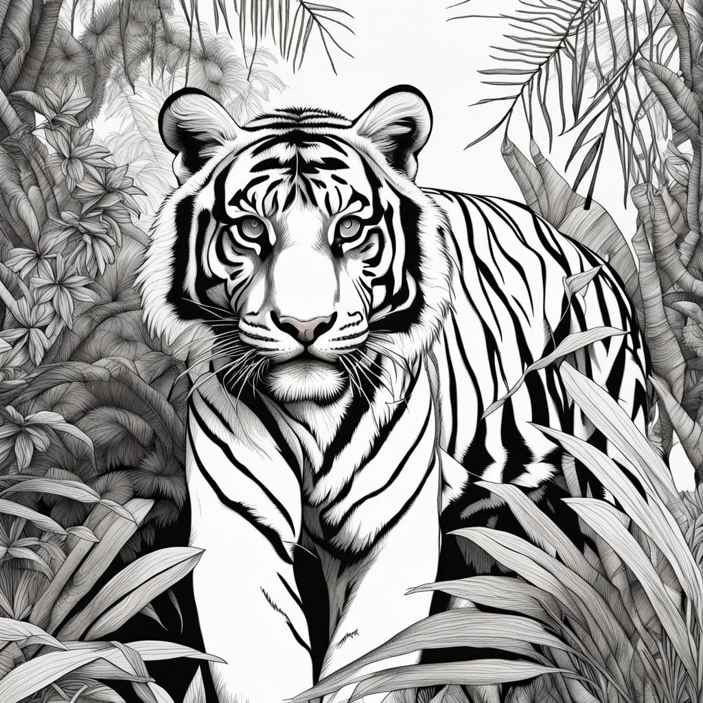 Tiger in Jungle: Hyperrealistic Line Art Drawing