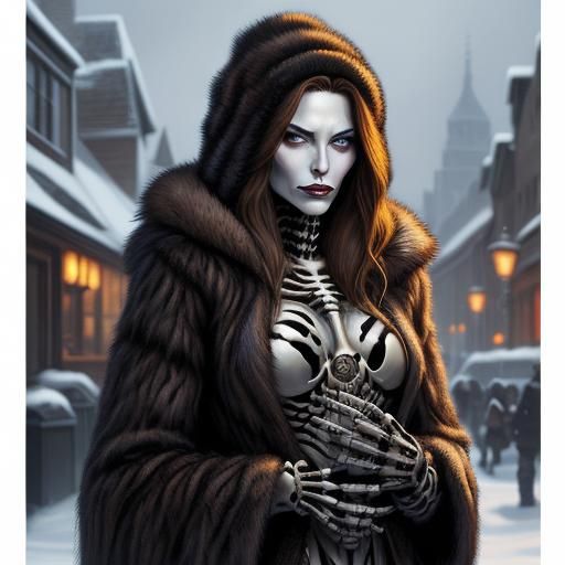 Skeleton Girl in Fur Coat: Comic Book Art