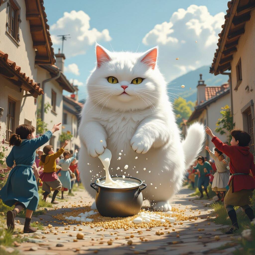Giant White Cat Causes Chaos in Village, Realistic Style