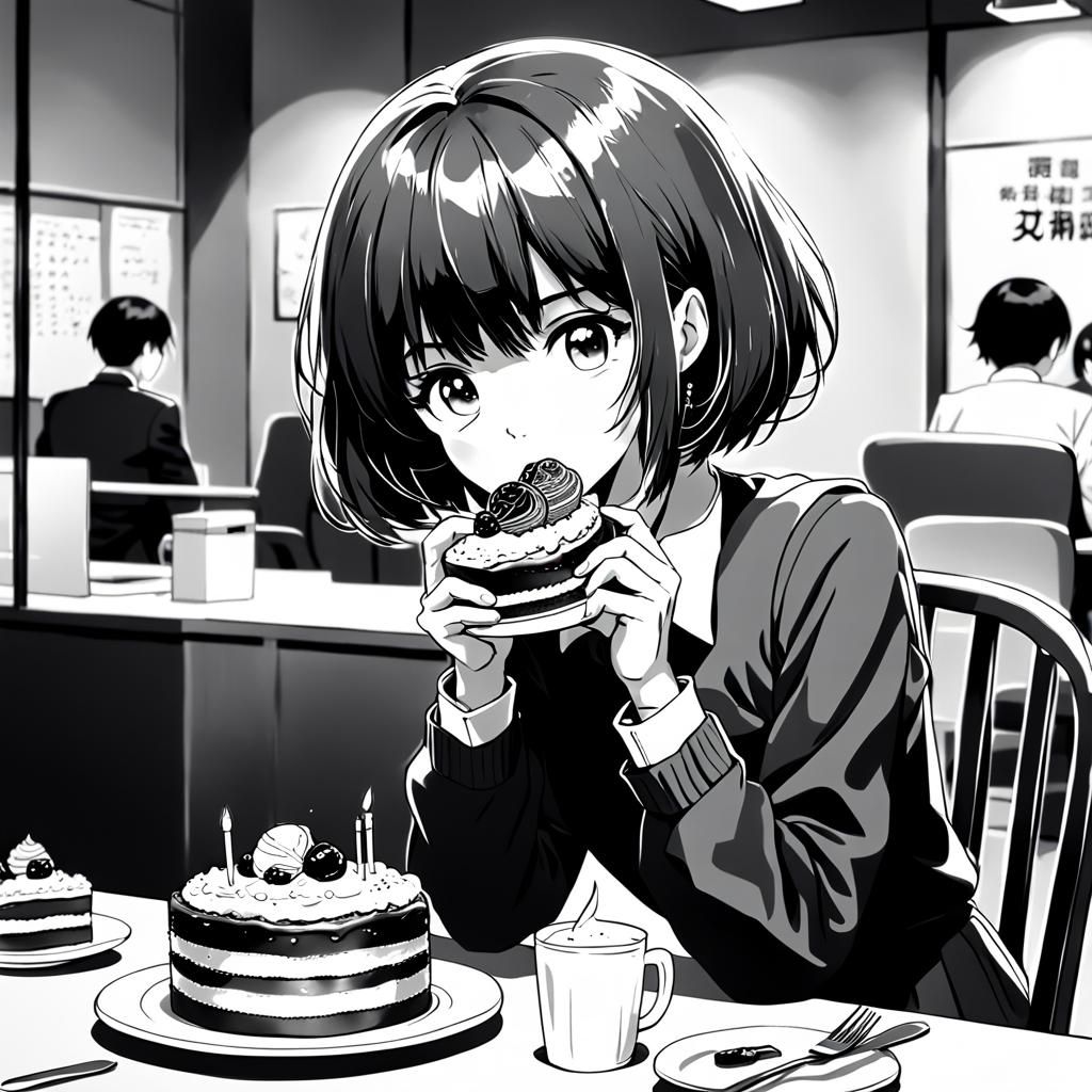 80s Anime Office Lady Eating Cake