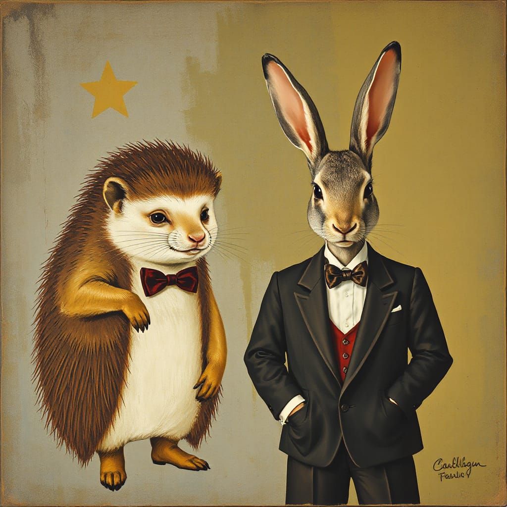 Hedgehog and Rabbit in 1950s Fashion, Modernist Style