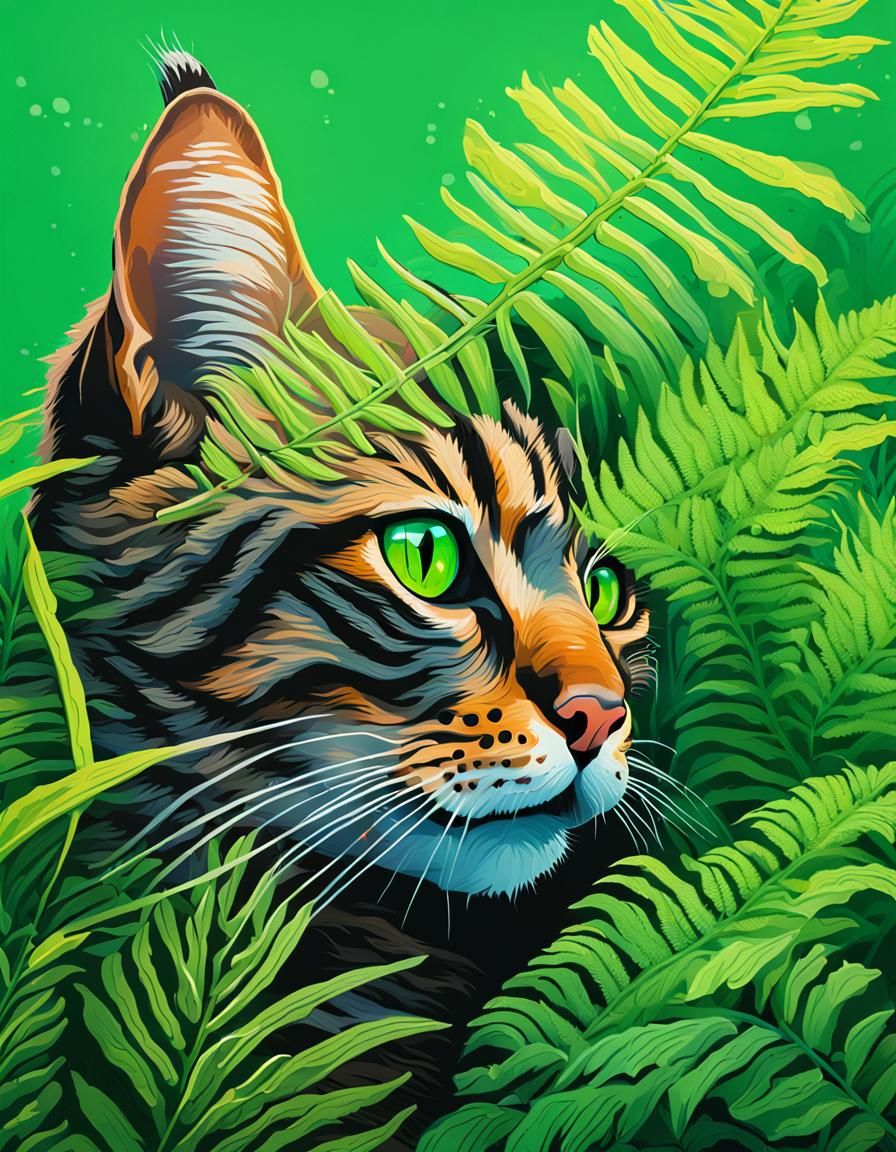 Tabby Cat Portrait Hiding in Ferns, Splash Art