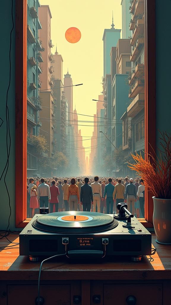 Dystopian Cityscape: Record Player in Futuristic Digital Art