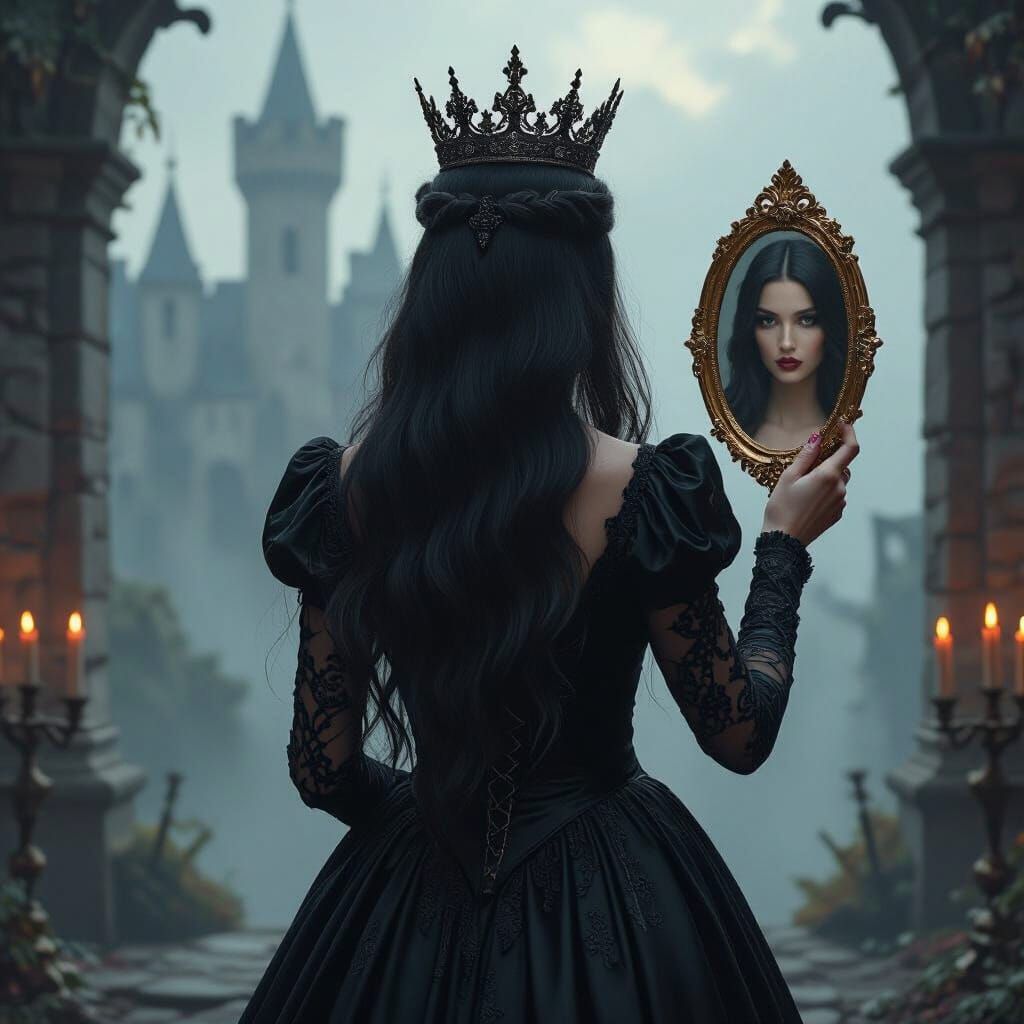 Dark Princess with Mirror in Fantasy Castle