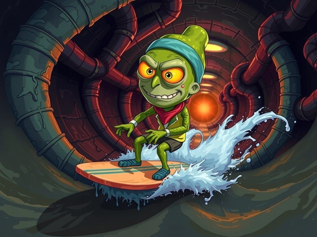 Pickle Rick Rides Gritty Sewer Surf