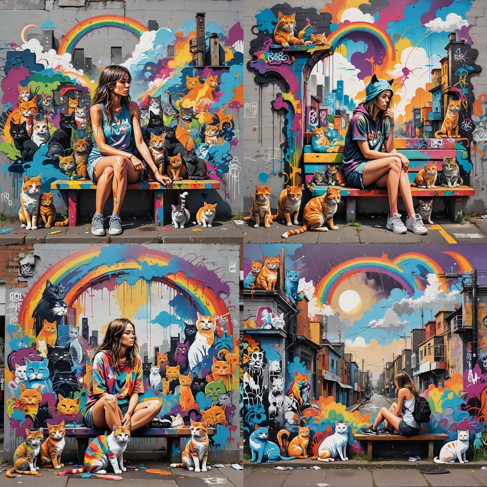 Nude Woman with Cats in Graffiti Art Landscape