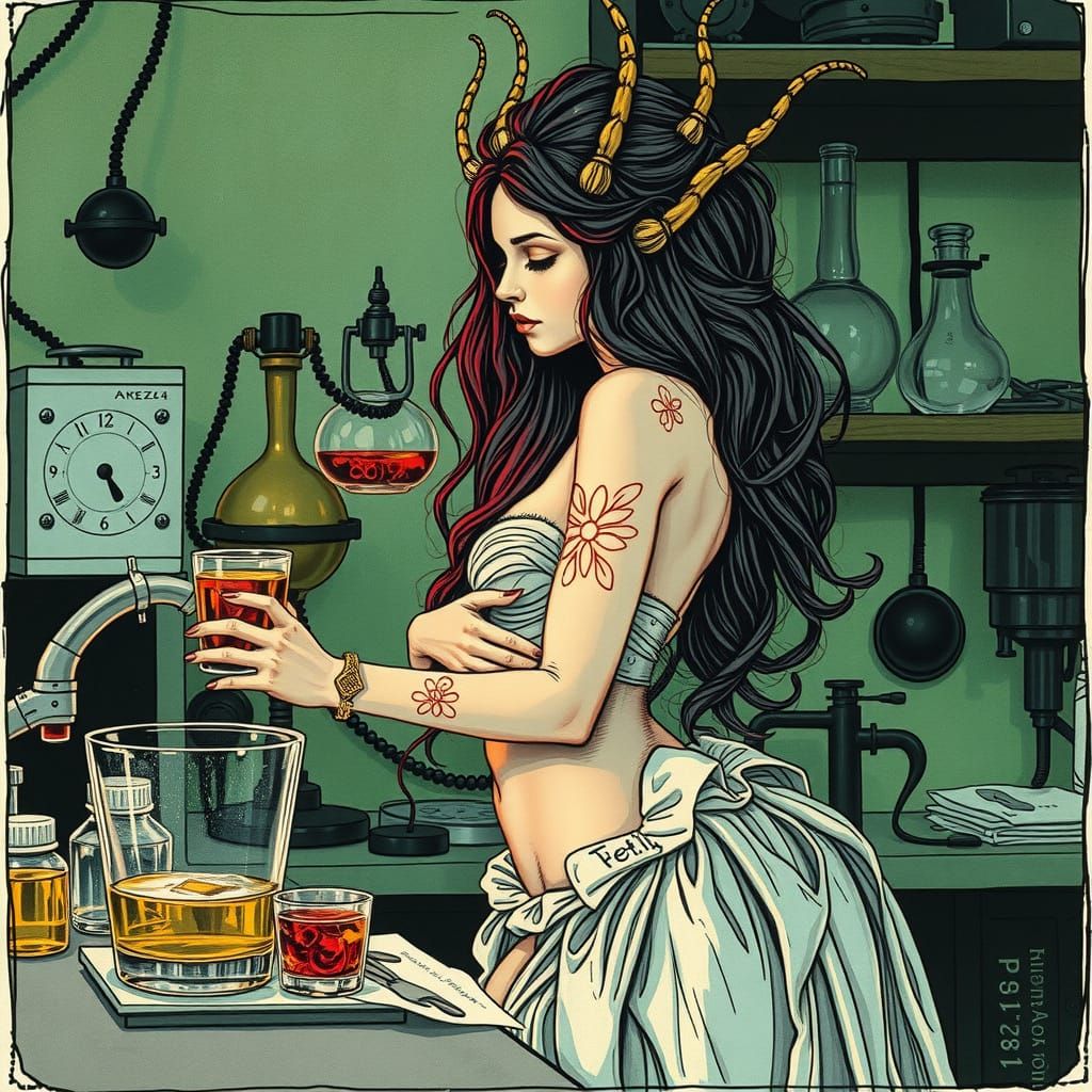 Flowy dystopian dryad woman in laboratory. cel-shaded alcohol ink scene. Henri Matisse. HR Giger.