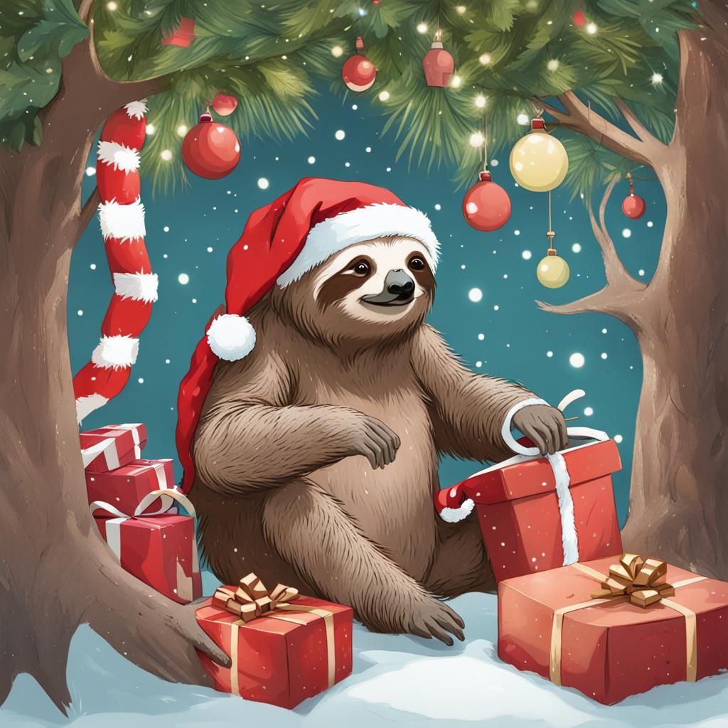 Sloth Santa Delivering Christmas Presents