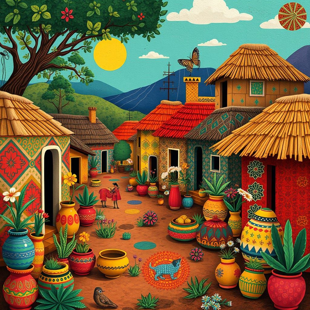 Vibrant Afrikaans Village Scene with Traditional Folk Art an...
