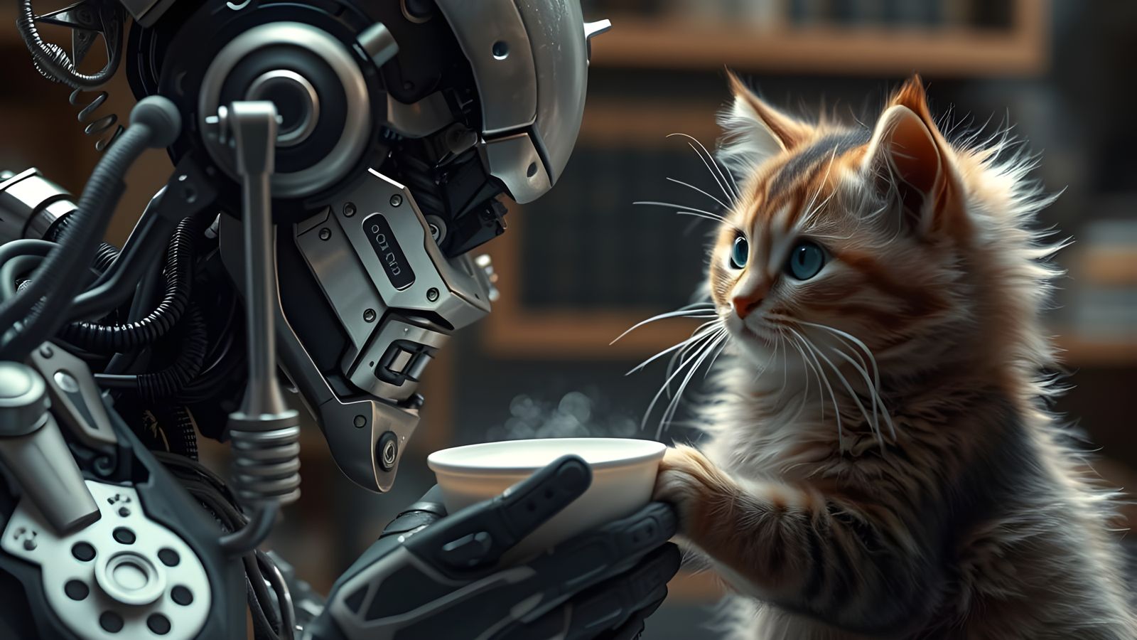 Cyborg's Gentle Act: Feeding Milk to a Cat