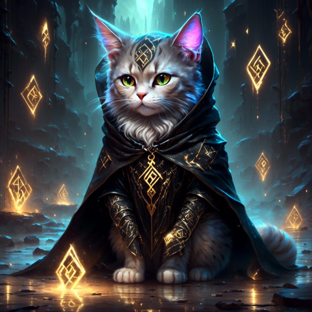 Wizard Cat with Glowing Runes Cloak