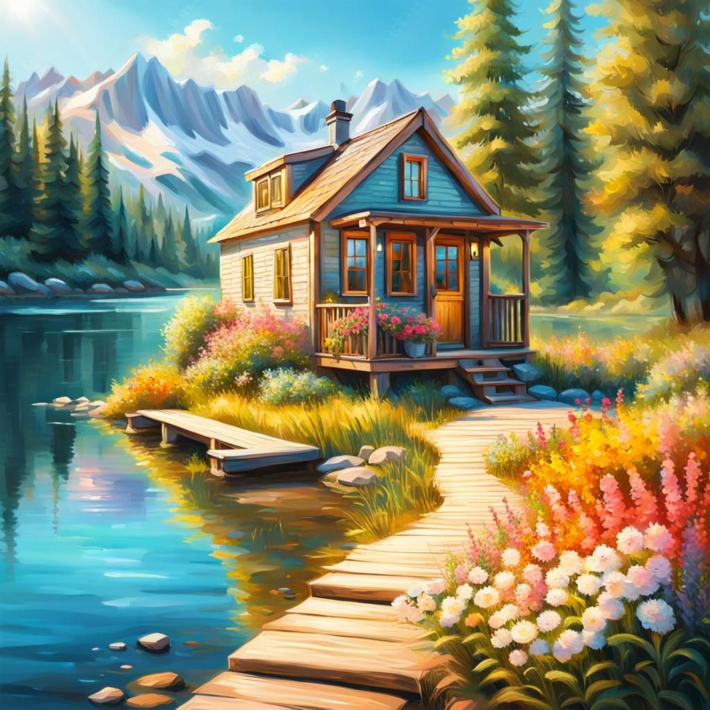 Tiny House by Lake: Sunshine in Pastel Oil Painting