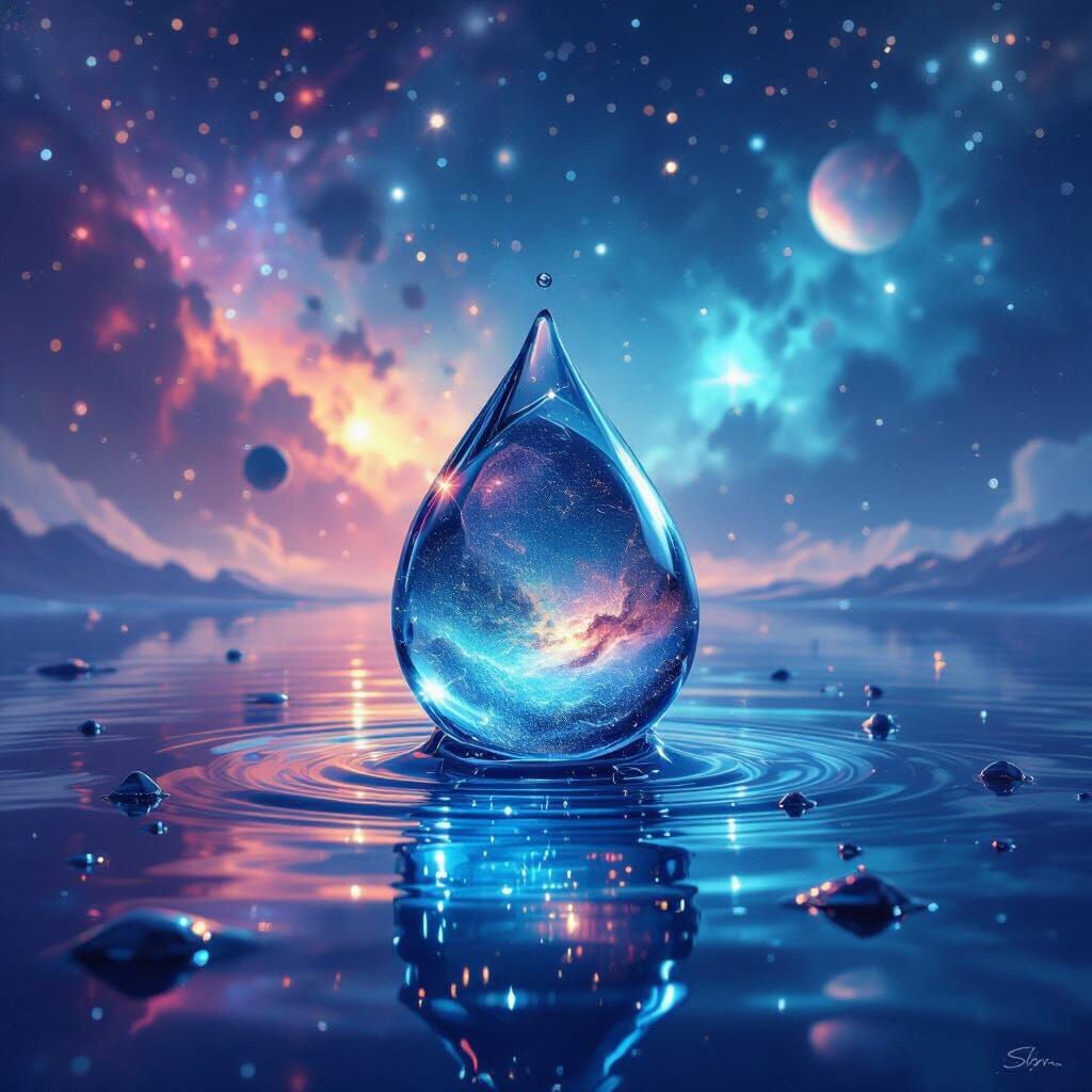 Water Droplet Reflecting Galaxies in Ethereal Style