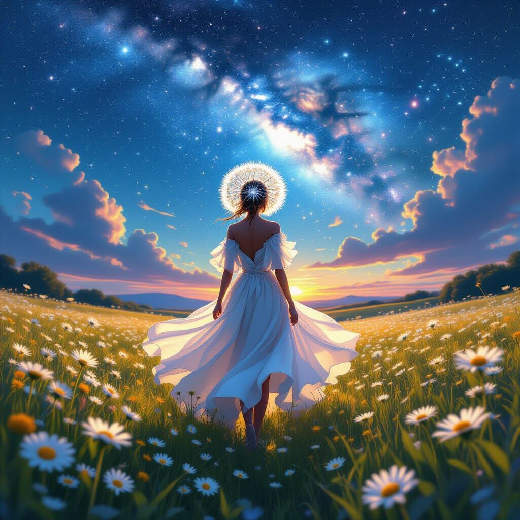 Dandelion Humanoid in Starry Flower Field