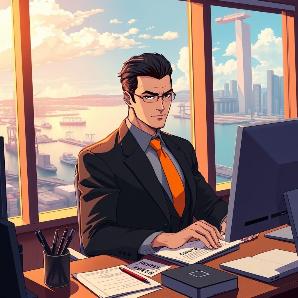 Anime Man in Black Suit Sending Email at Office