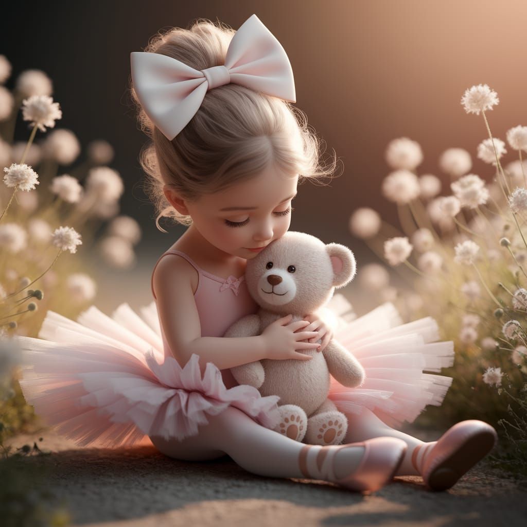 Ballerina Girl Hugs Teddy Bear in Dreamy Field