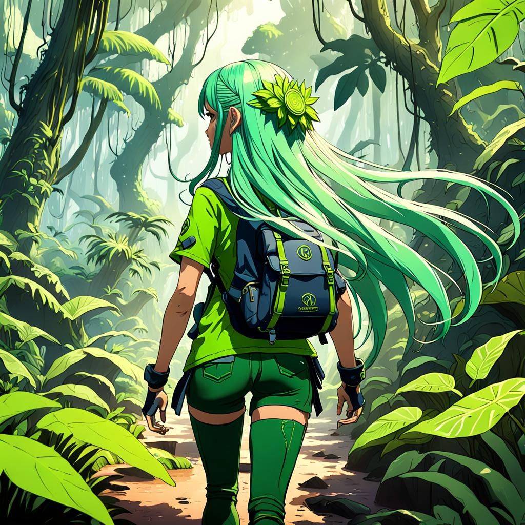 Anime Girl Hiking Through Amazon Rainforest Art